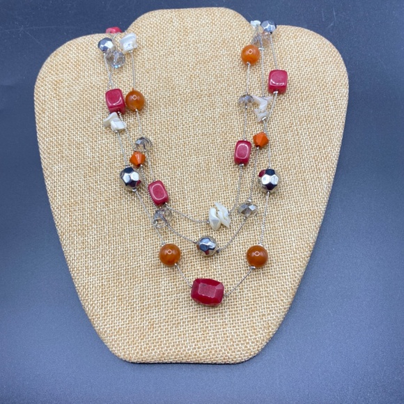 Silver Tone Glass Beads & Natural Shell Beads Sparkly Layered Necklace - Picture 2 of 6